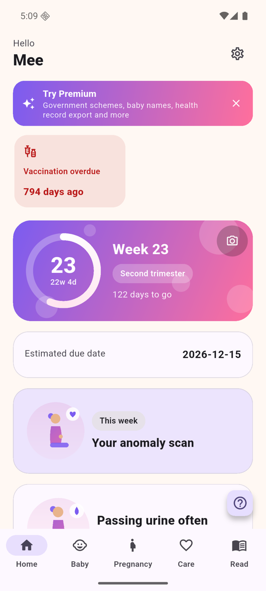The Baby Twinkle home screen showing the current pregnancy week